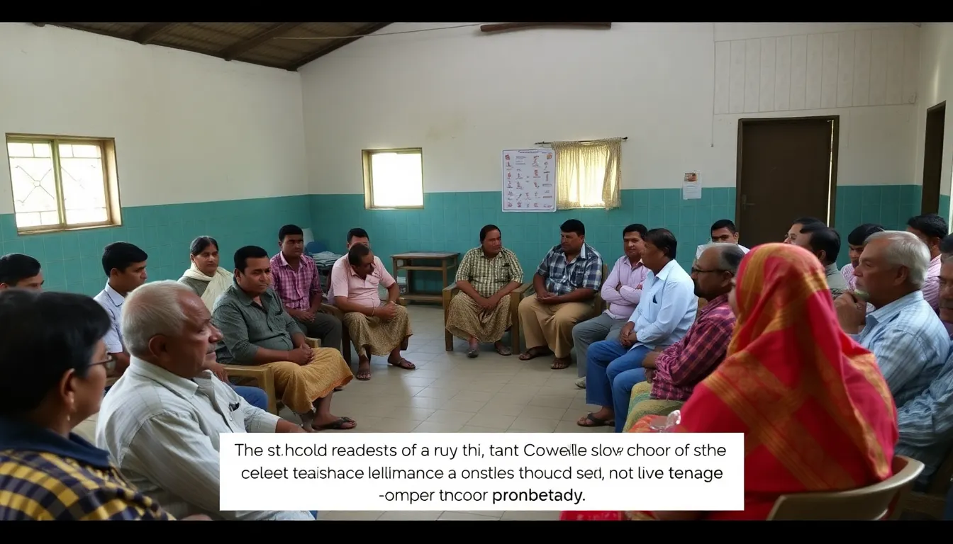 A group of rural residents gathers around a community meeting table, discussing plans to improve local internet access and share resources for better connectivity.