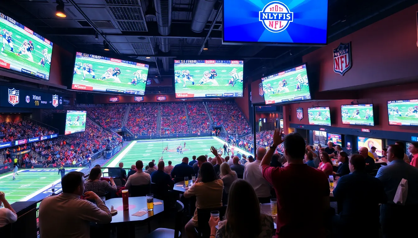 A group of enthusiastic NFL fans gathers at a sports bar, eagerly watching a game on multiple screens while discussing betting strategies and promotions from bet365.