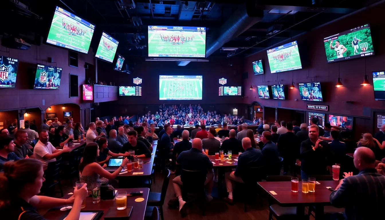 A lively discussion among friends gathered around a table, analyzing NFL betting strategies and sharing tips for their wagers