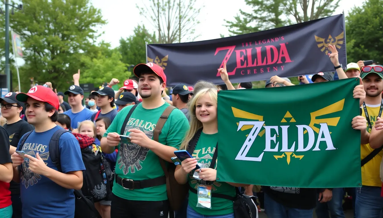 A group of gamers enthusiastically discusses their experiences playing Big Hops at a gaming convention, surrounded by colorful banners and promotional displays for the new title.
