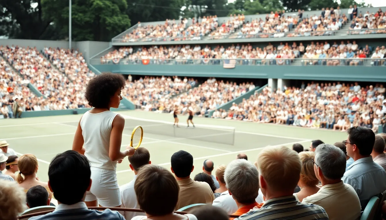 Billie Jean King celebrates her victory over Bobby Riggs in the historic 1973 tennis match at the Houston Astrodome, surrounded by a cheering crowd.