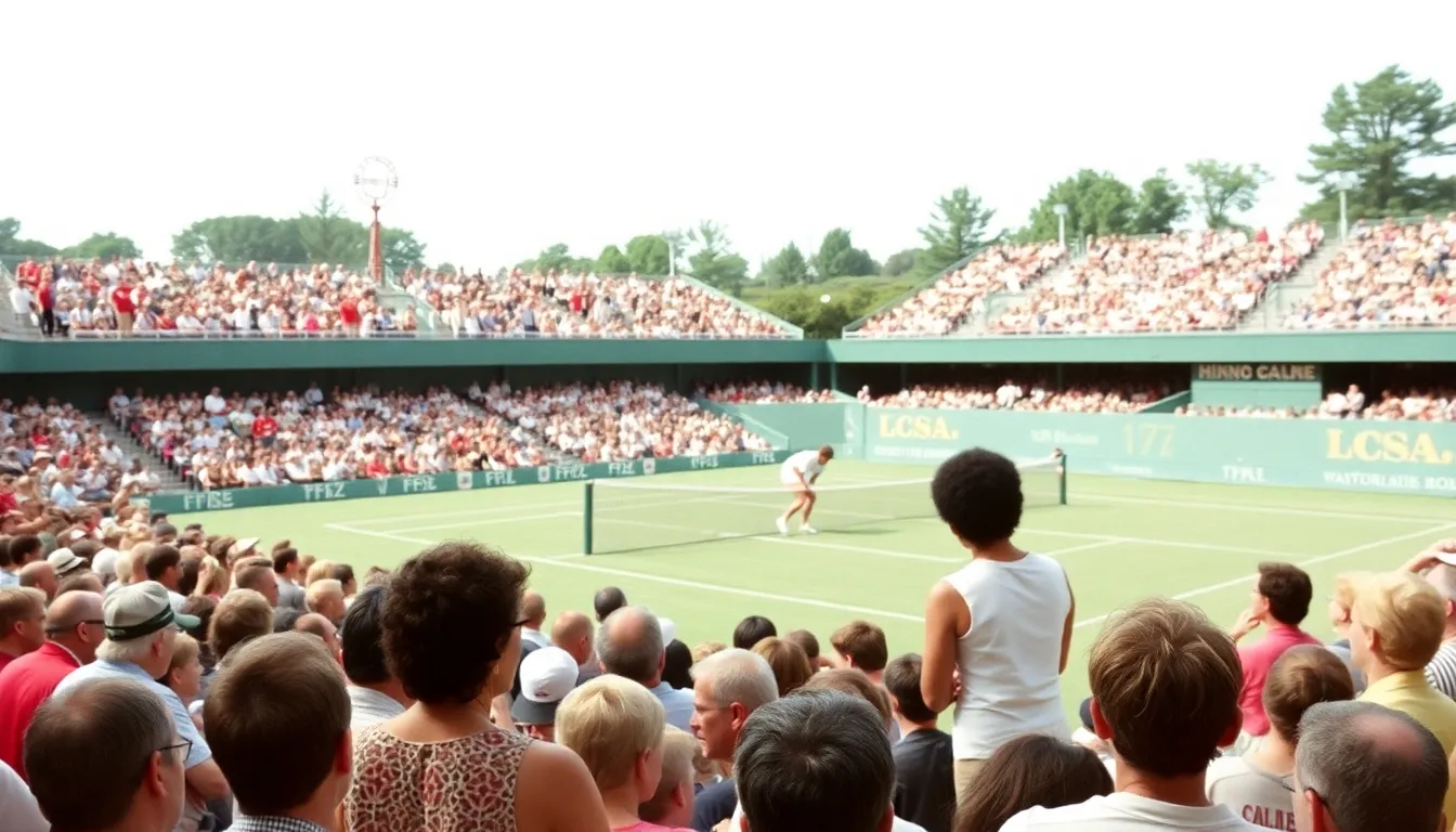 Bobby Riggs, dressed in his signature outfit, displays a competitive demeanor as he faces off against Billie Jean King in the landmark tennis match
