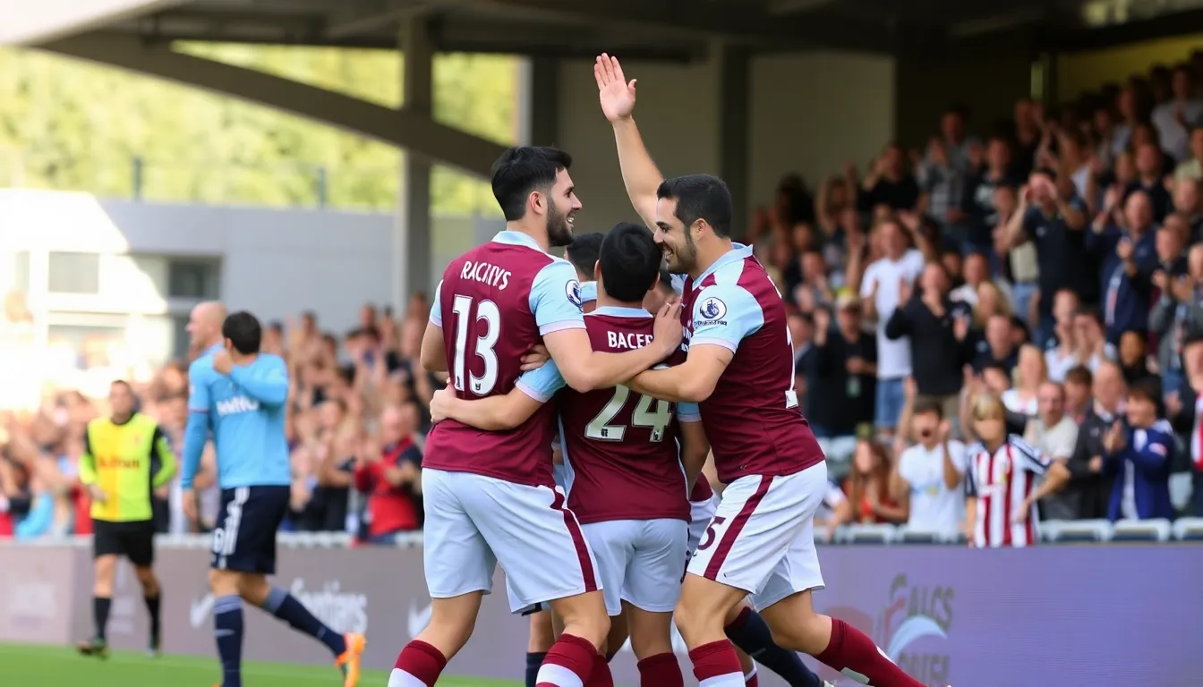 Jarrod Bowen celebrates with teammates after scoring a goal during West Ham's victory over Sunderland at the London Stadium.