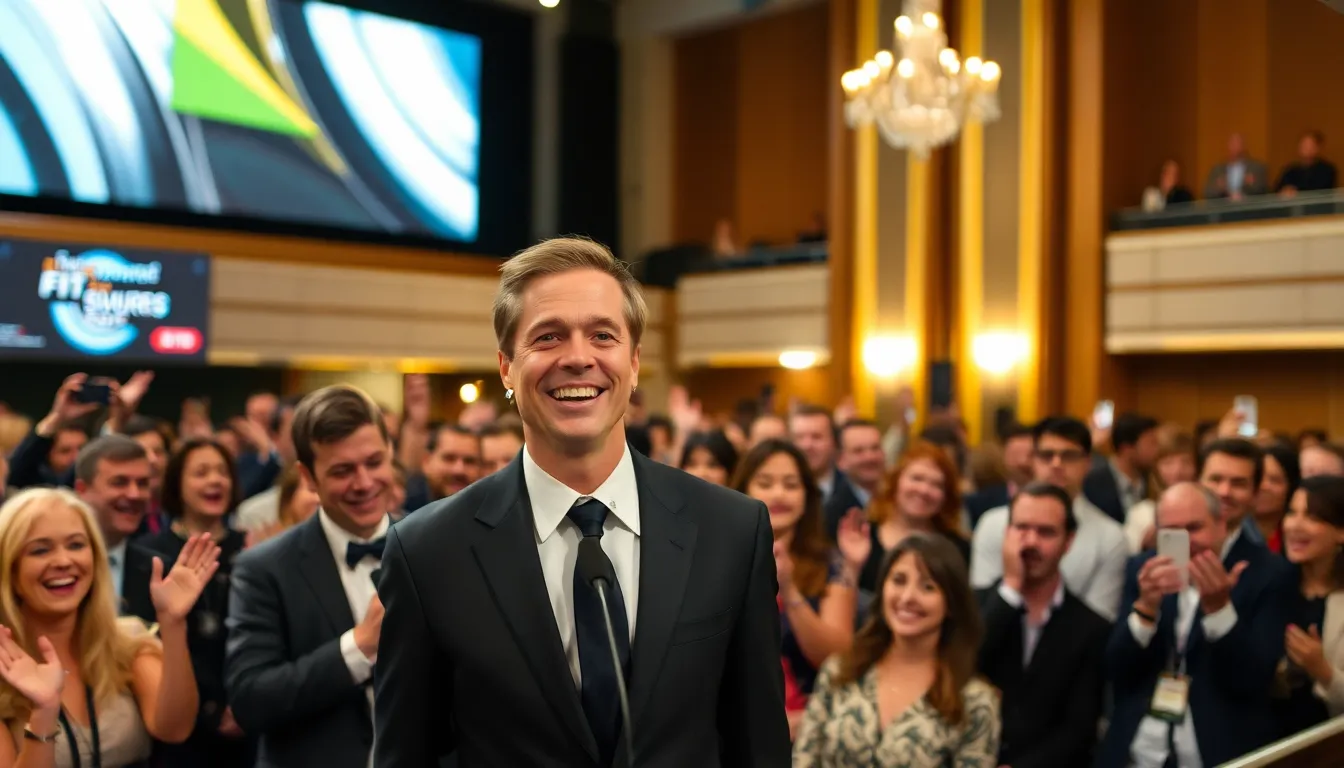 Brad Pitt celebrates on stage after winning two Critics' Choice Awards for his F1 movie, surrounded by applause from the audience.