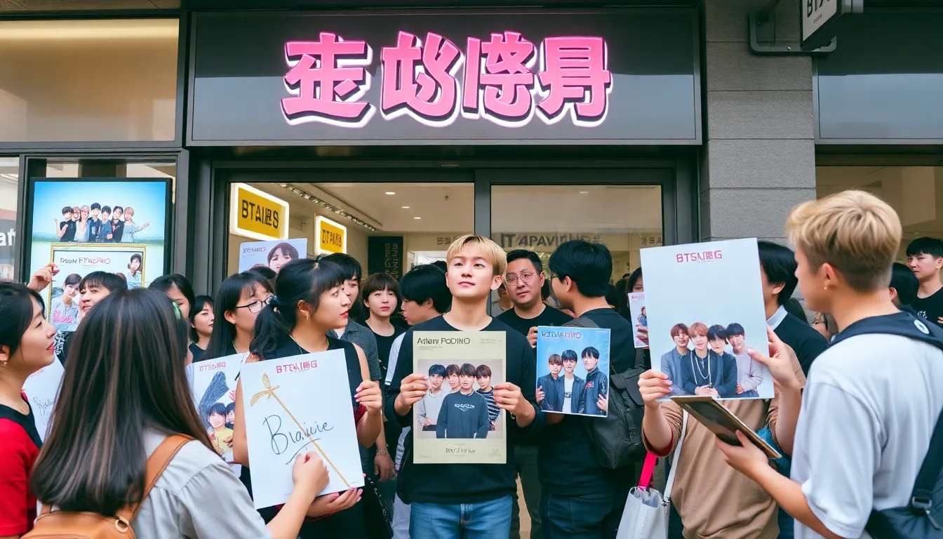 BTS members gather on stage during a press conference, announcing their return with a new album set for release in March 2024, as fans cheer and hold banners in support.