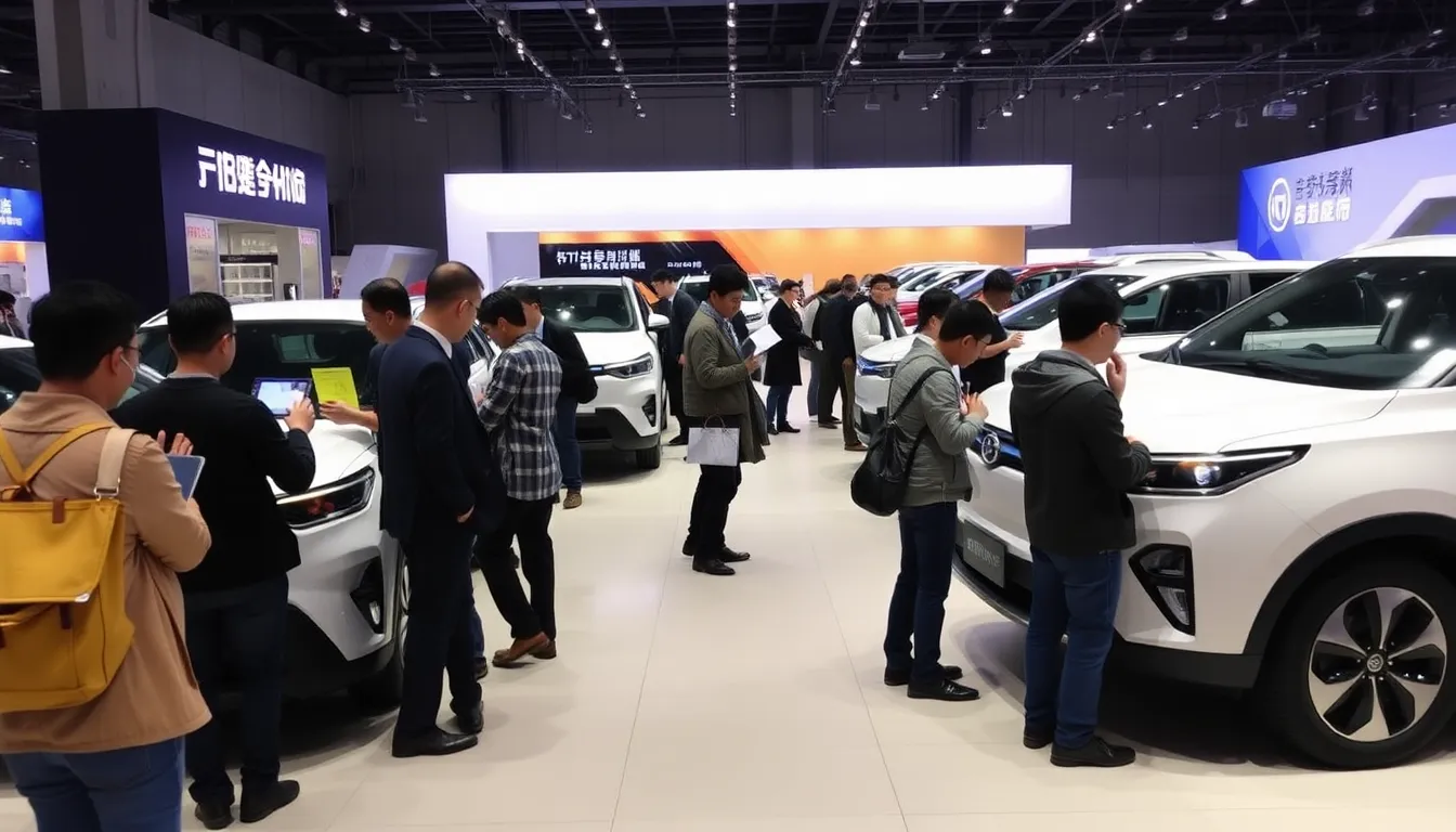 A bustling BYD dealership showcases a variety of electric vehicles as customers explore their options amid promotional banners highlighting the company's recent sales success.