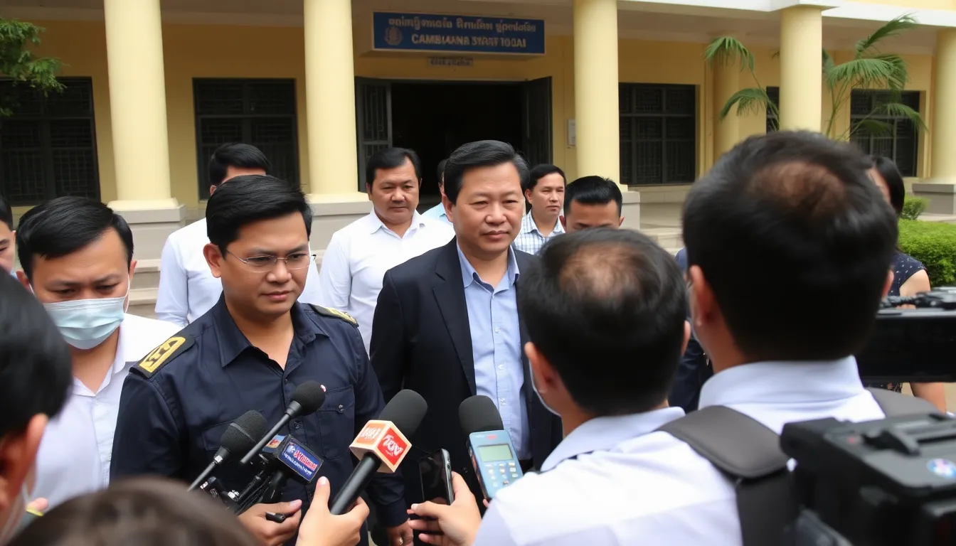 A group of Cambodian law enforcement officials escort a handcuffed suspect, accused of orchestrating a largescale scam, towards an awaiting vehicle for extradition to China.