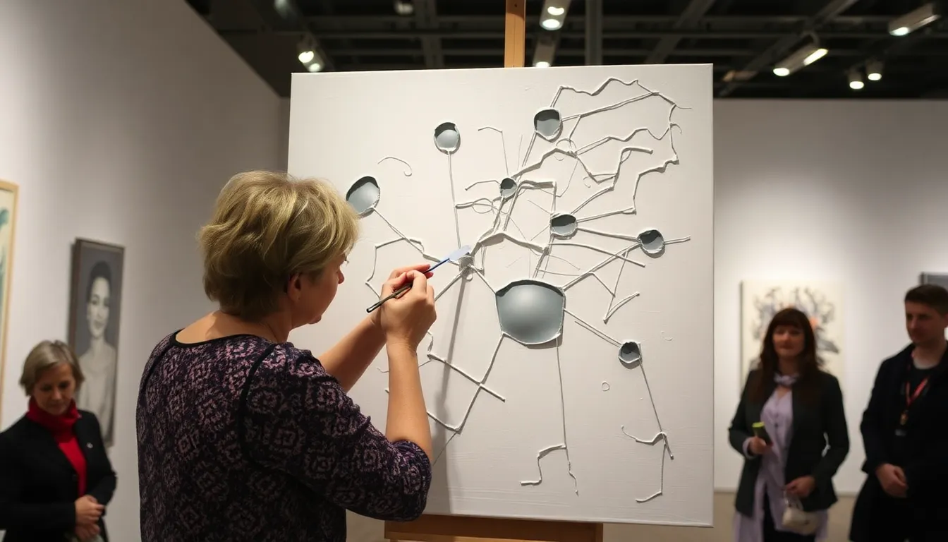 Edita Schubert stands in front of her latest exhibition at the Modern Art Museum, showcasing intricate artworks that feature layers of canvas meticulously cut away to reveal depth and dimension.