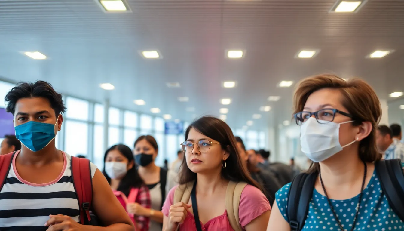 Travelers at an airport look concerned as they check flight information boards displaying numerous cancellations due to the closure of U.S. airspace over the Caribbean.