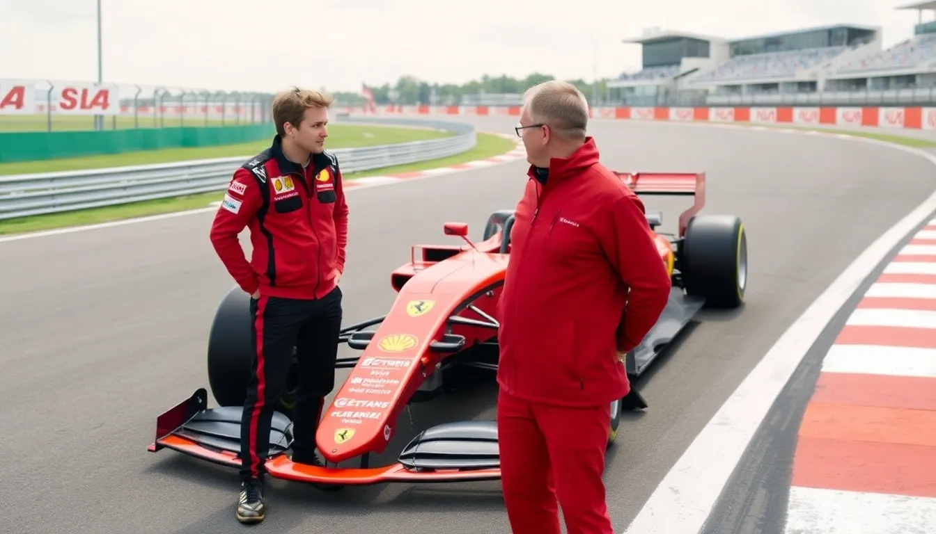 Charles Leclerc stands beside the Ferrari SF26 at the Fiorano circuit, discussing its performance after the car's recent shakedown.