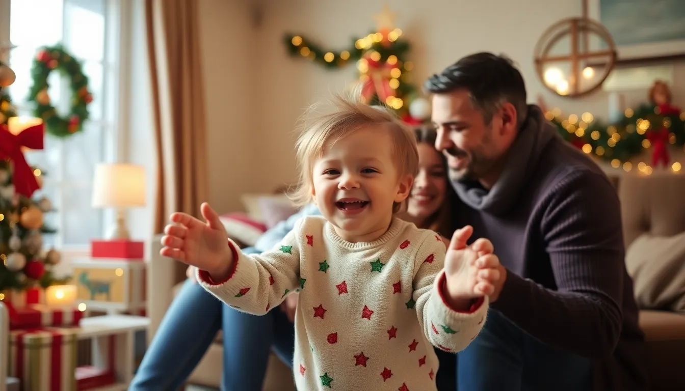 A toddler joyfully reunites with family at home, surrounded by festive decorations and holiday cheer after a long hospital stay.
