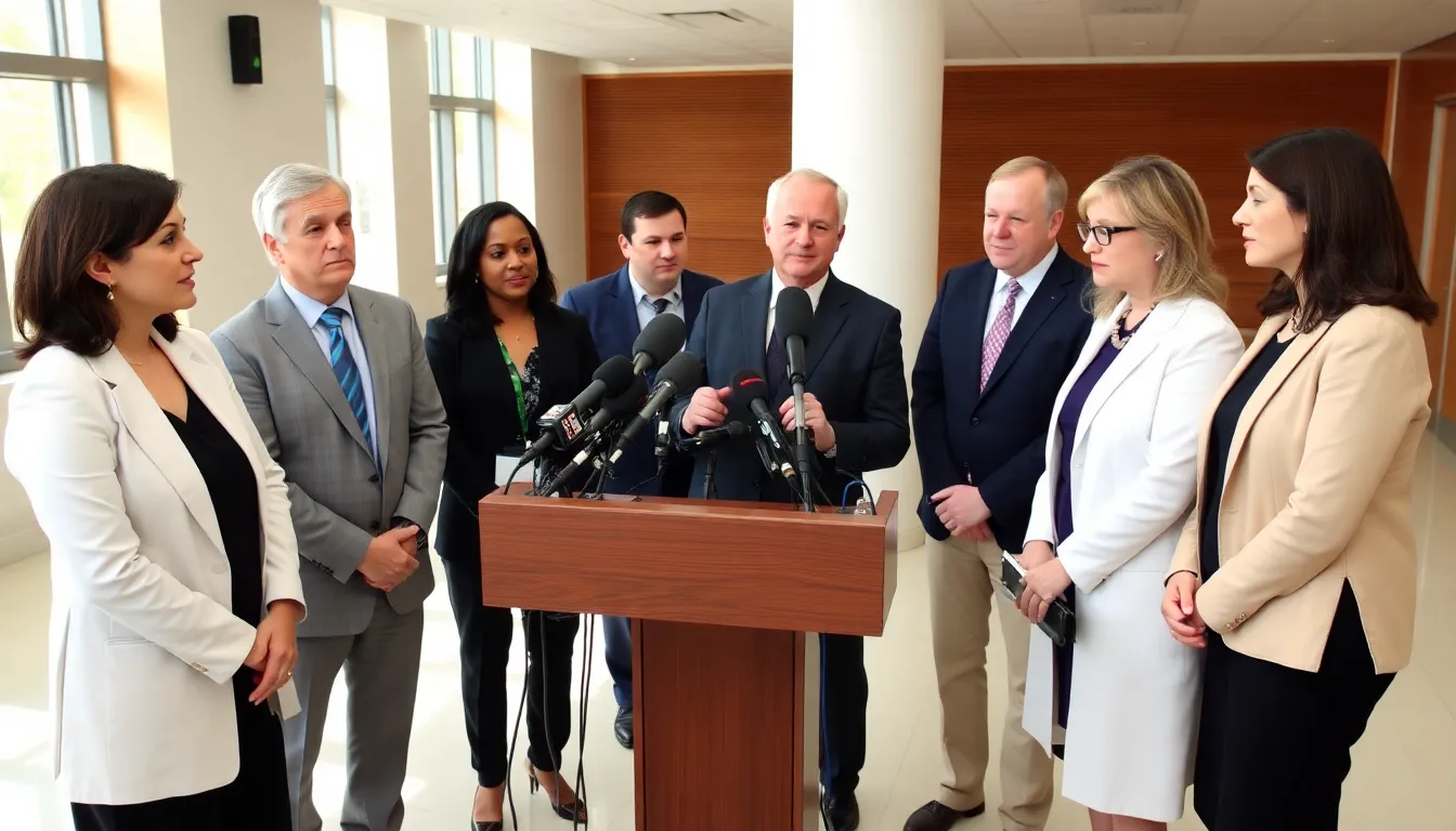 A group of concerned parents gathers outside a fertility clinic, discussing the implications of using donor sperm linked to a hereditary cancer gene.
