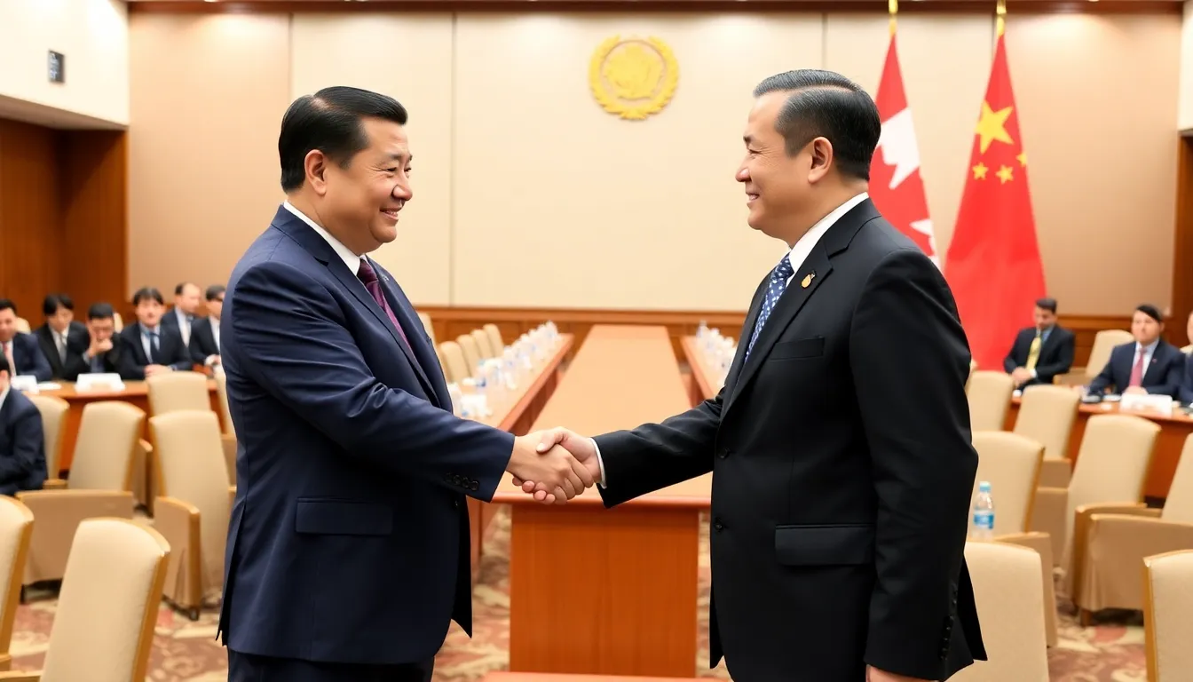 Canadian Finance Minister Mark Carney and Chinese President Xi Jinping shake hands during their meeting in Beijing, where they announced an agreement on tariff relief aimed at improving trade relations between the two countries.