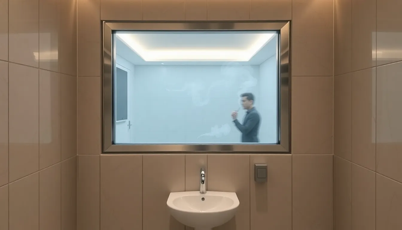 A shopping mall restroom features innovative seethrough windows that activate when smoke is detected, allowing security to monitor for smoking violations in realtime.