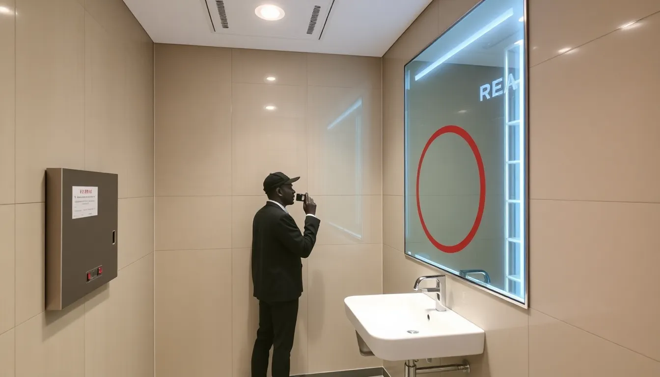 Shoppers express mixed reactions as they observe the new seethrough windows designed to deter smoking in public bathrooms within a bustling mall environment