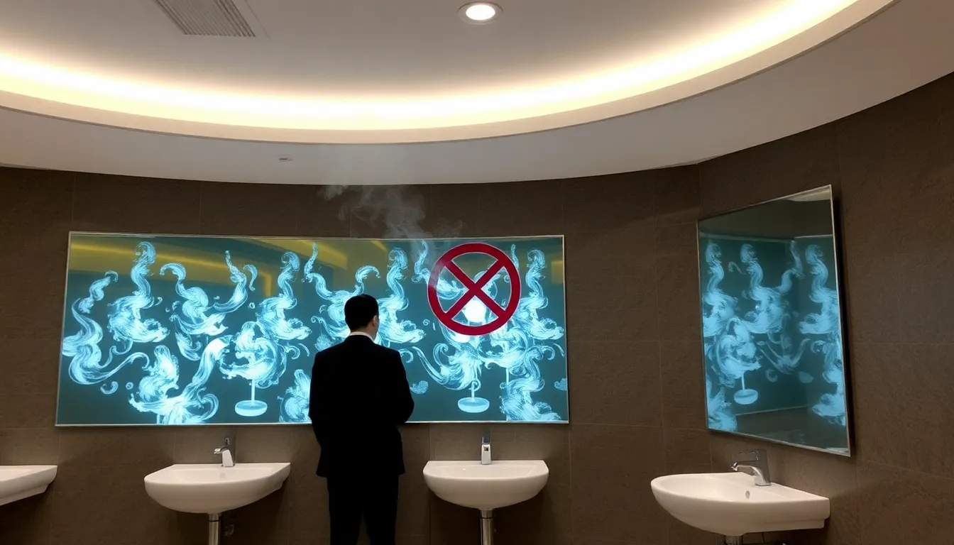 Families enjoy a cleaner and smokefree atmosphere in a mall restroom, as the introduction of transparent windows creates a safer environment for all patrons