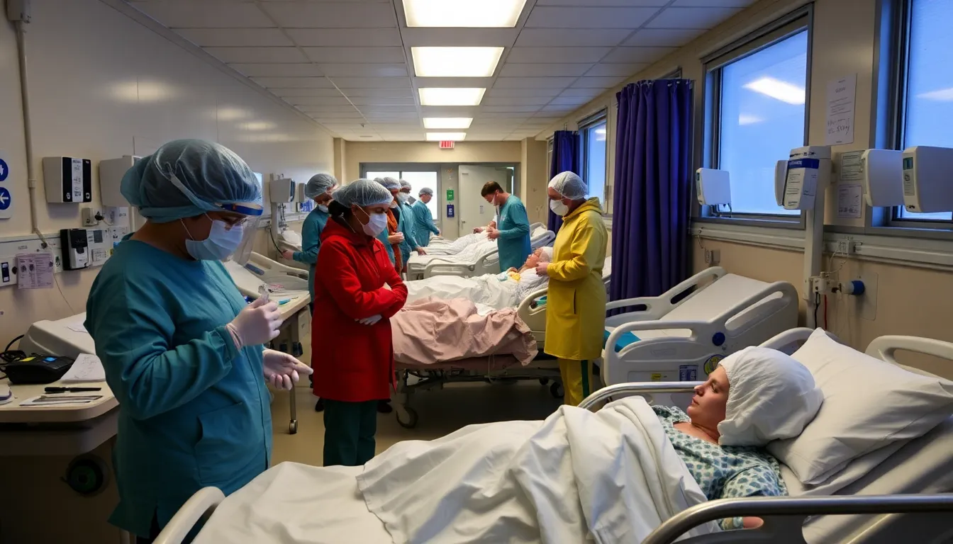 A crowded hospital waiting room shows anxious patients and families as healthcare workers attend to those affected by the recent surge in flu cases.