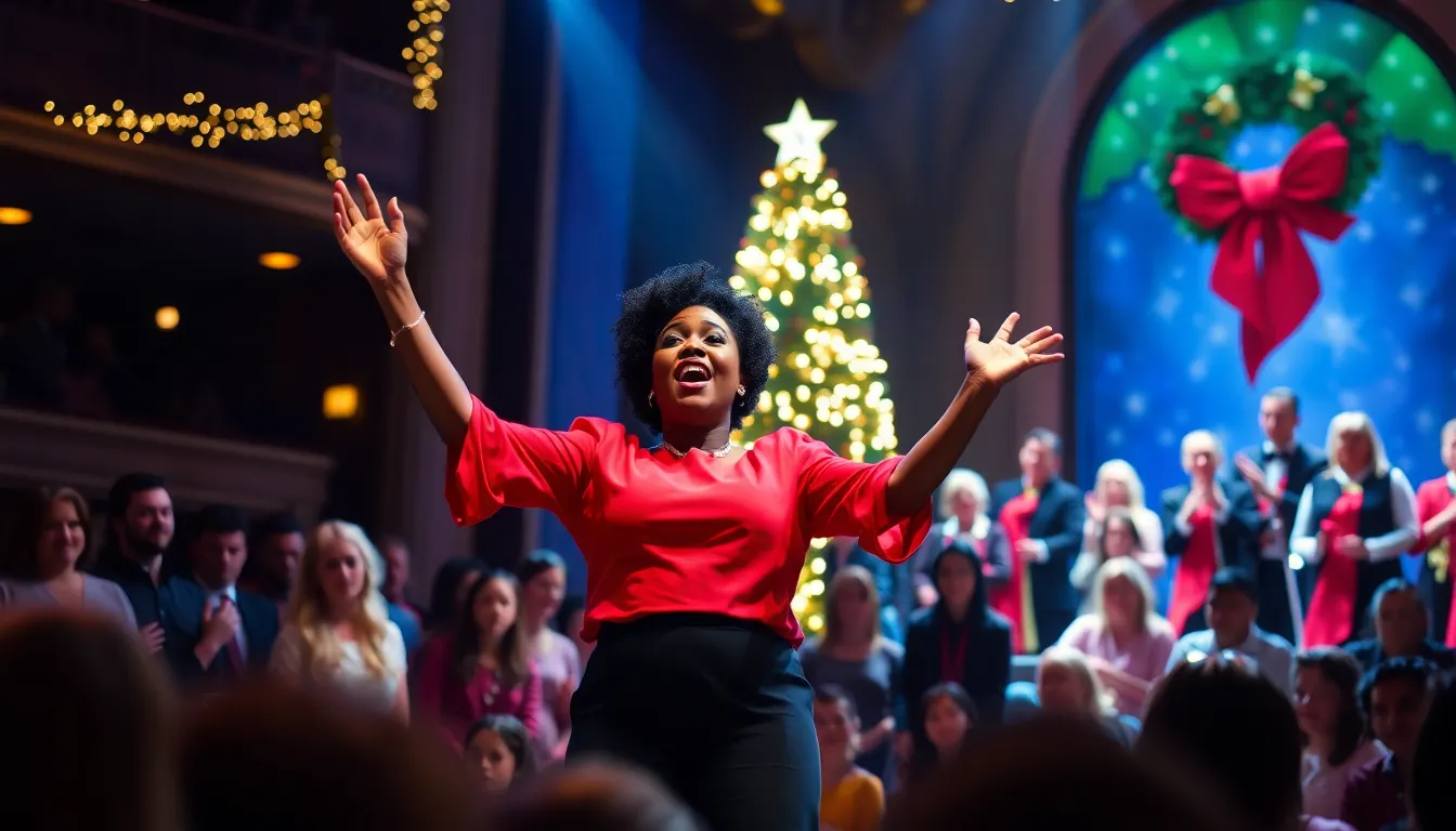 Cynthia Erivo stands proudly on stage, holding her MBE award while surrounded by applauding fans and supporters during a celebratory event.