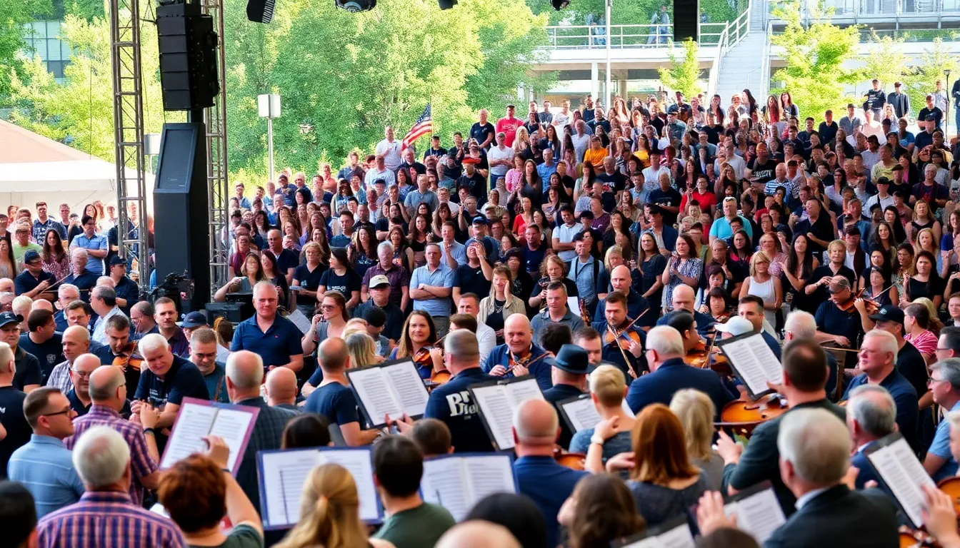 A conductor leads the London Symphony Orchestra during a live performance of contemporary classical music in a packed concert hall.