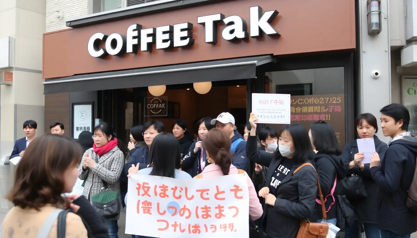 A closed sign hangs on the door of Coffee Talk Tokyo, signaling its temporary closure for renovations as patrons gather outside, discussing their favorite memories of the café.