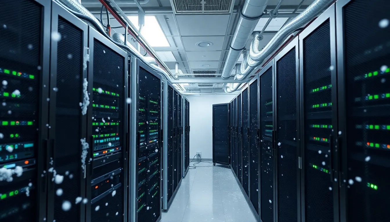 A data centre surrounded by snow and ice operates under cloudy skies, with visible cooling units working to manage the temperature of the servers inside.