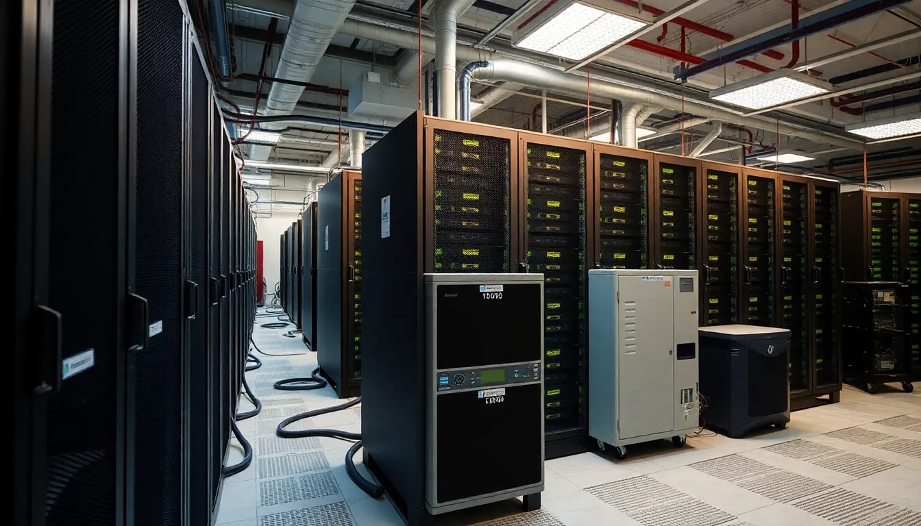 A technician adjusting cooling systems in a data centre, illustrating the balance between operational efficiency and environmental sustainability challenges faced by major tech companies