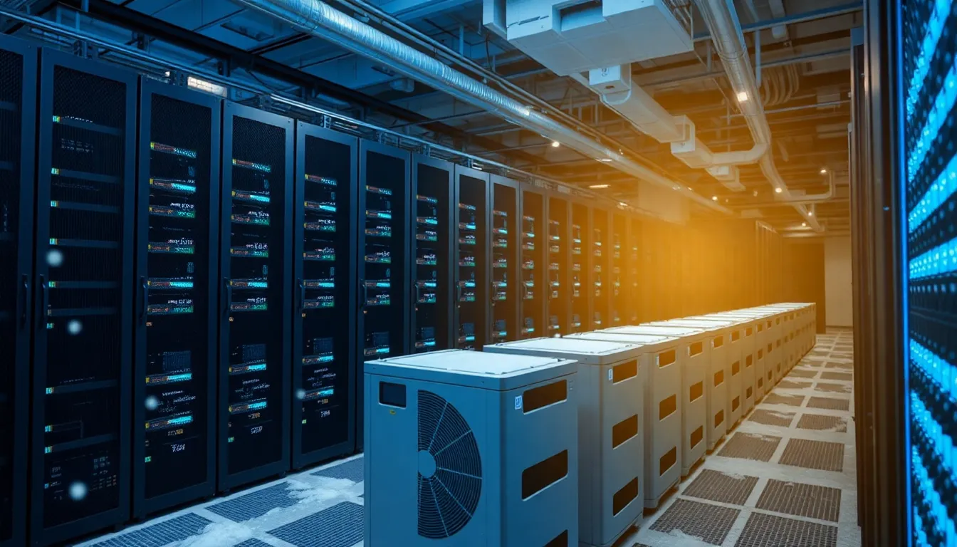 A power grid control room monitoring energy demand spikes, reflecting the strain on electrical systems due to heightened energy use from data centres during extreme weather conditions