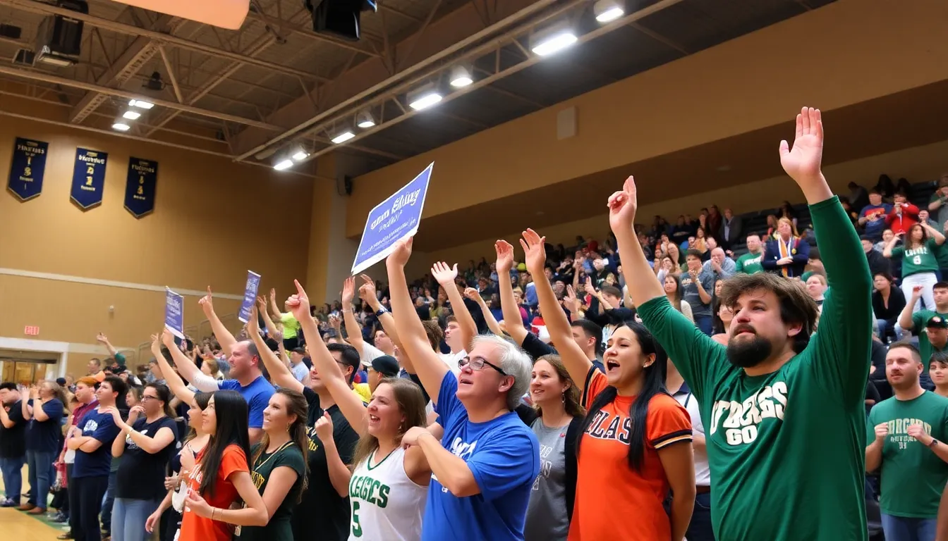 Fans gather in a packed arena, wearing team jerseys and holding signs, as they eagerly await the start of a highly anticipated college basketball game on New Year's Eve.