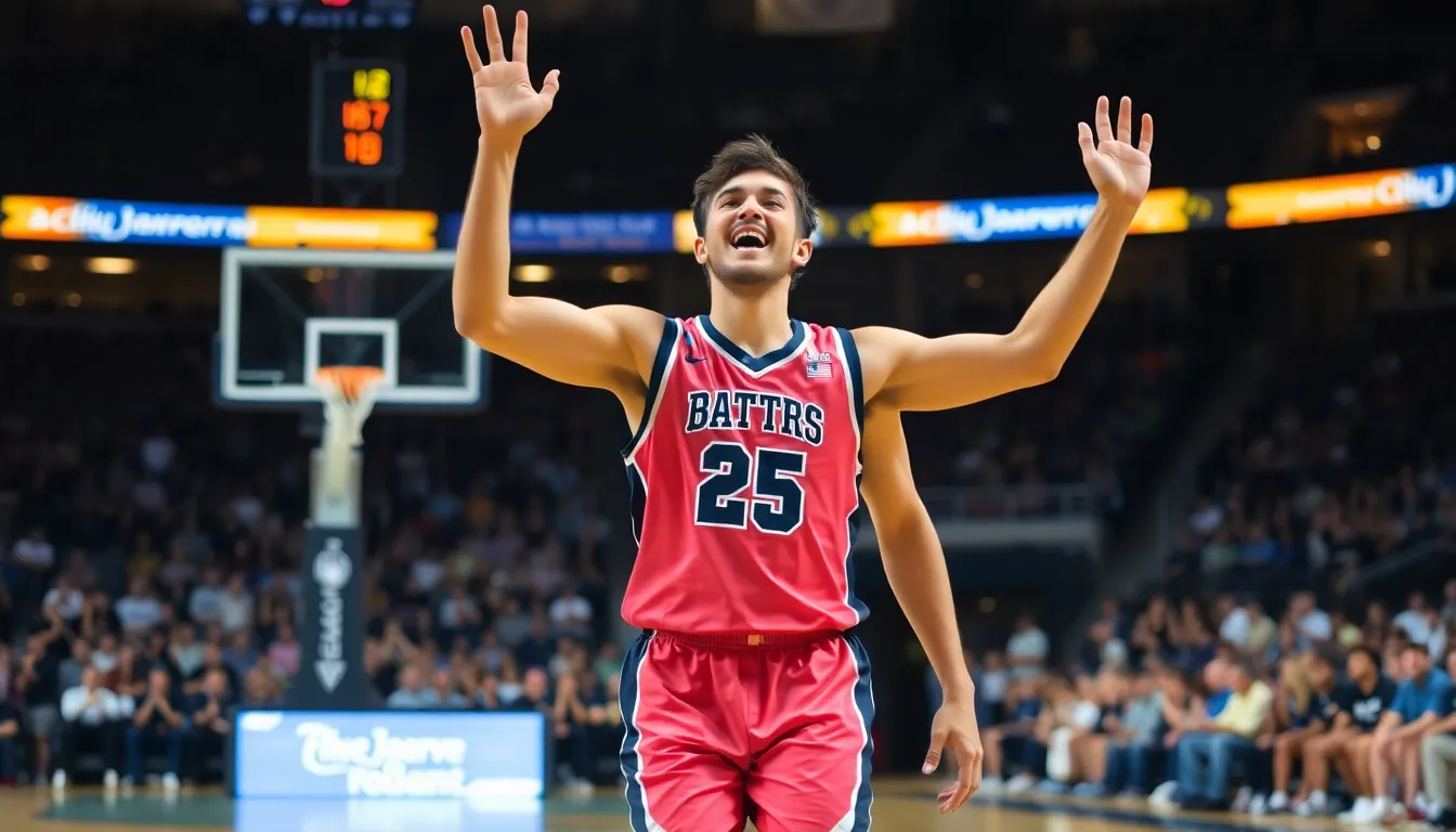 A freshman guard celebrates after scoring the winning basket during a thrilling college basketball game against a top10 ranked team.