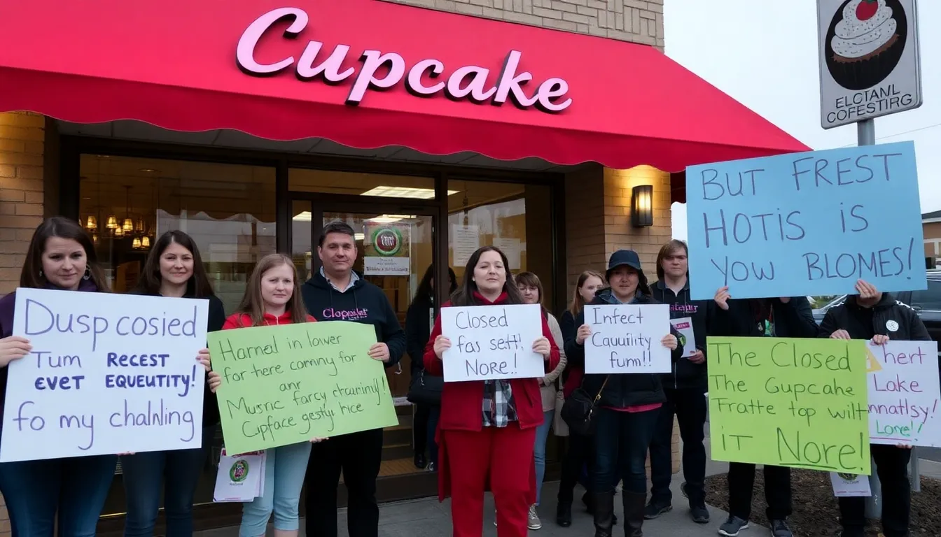 Customers gather outside the beloved cupcake shop, expressing their disappointment as they prepare to say goodbye to their favorite bakery before its closure.
