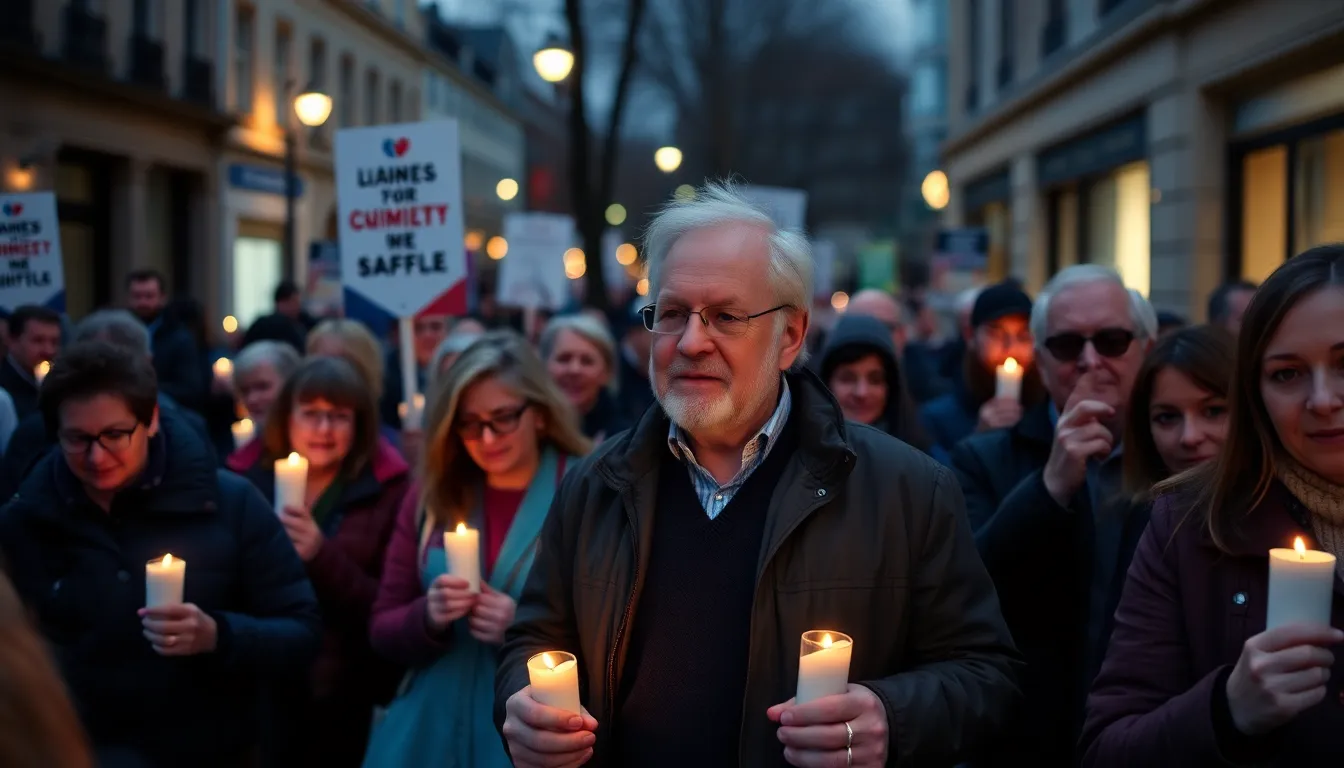 A group of advocates gathers outside a government building, holding signs demanding affordable drug prices in memory of David Mitchell, who championed the cause.