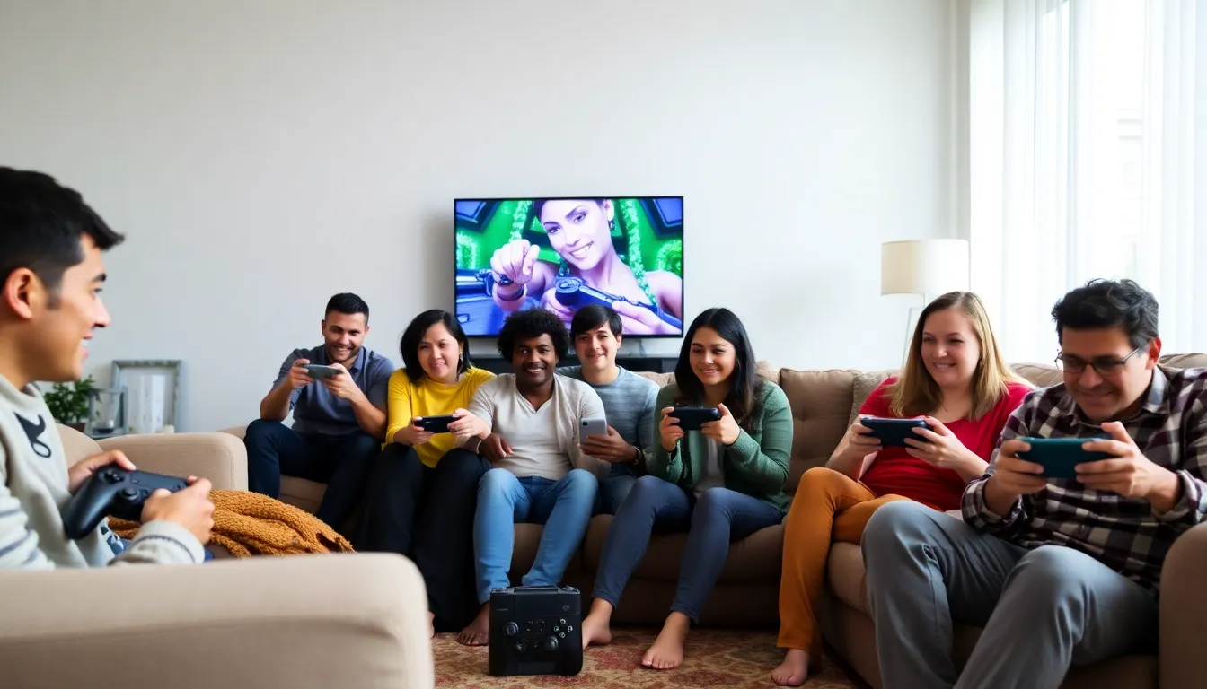 A group of gamers gathered around a television, excitedly playing a new video game during a holiday gathering.