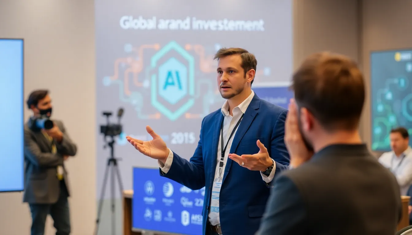 A bustling tech hub where professionals collaborate on A.I. innovations, reflecting the intersection of industry interests and regulatory concerns in shaping the future of technology