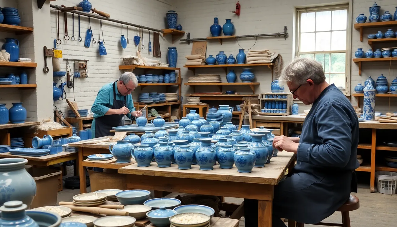 Artisans in Delft showcase their blue ceramics at a bustling workshop, with visitors admiring the intricate designs and vibrant colors of the traditional Delftware.