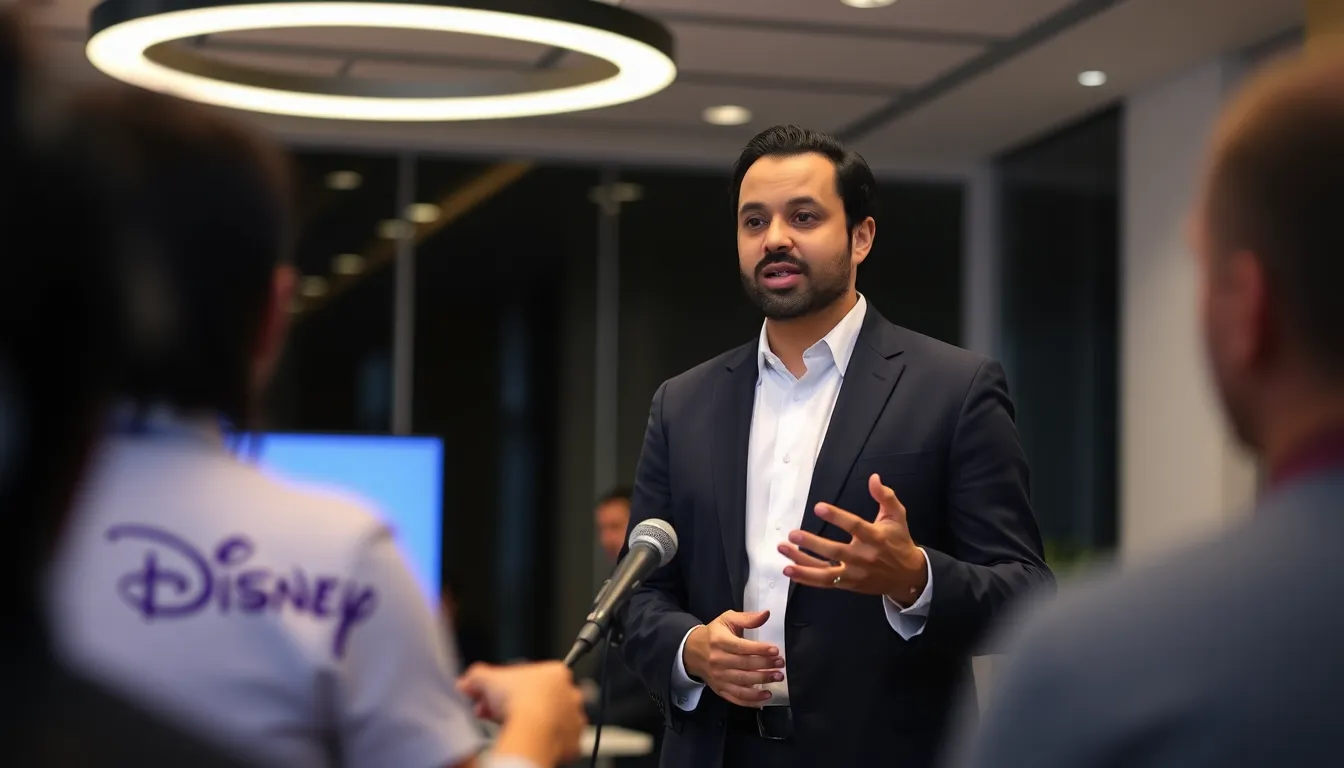 Asad Ayaz speaks during a press conference announcing Disney's new marketing leadership structure, emphasizing the importance of collaboration and innovation in the company's branding efforts.