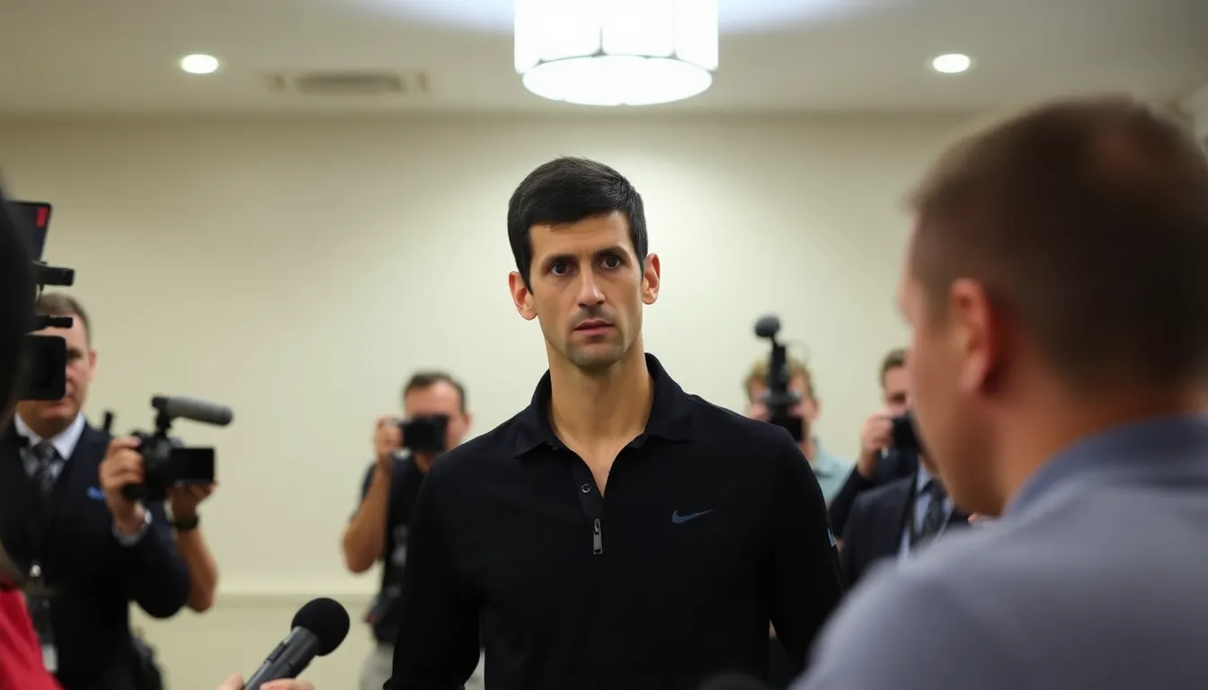 Novak Djokovic speaks at a press conference announcing his decision to leave the Professional Tennis Players Association, with reporters and cameras capturing the moment.