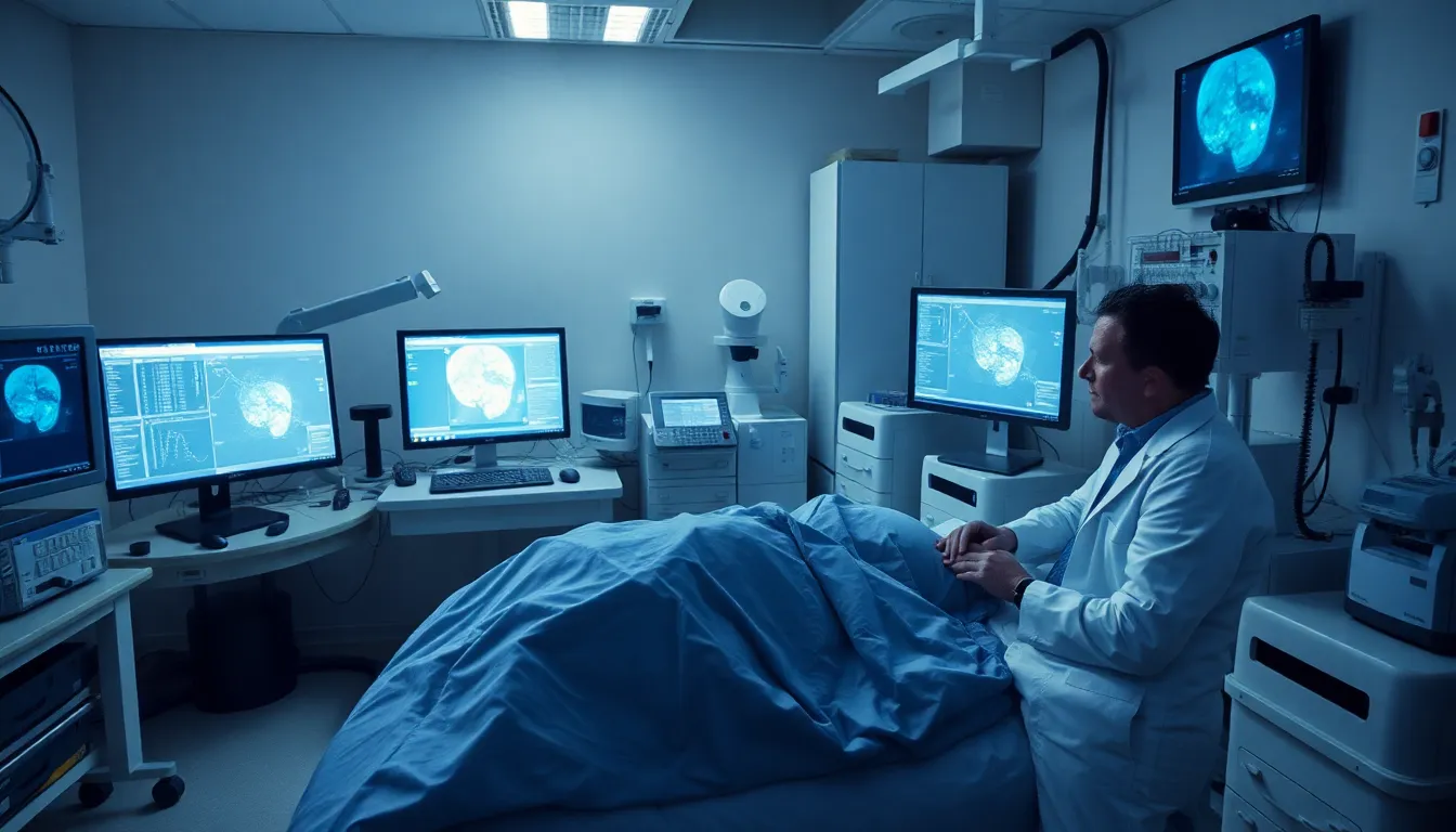 A modern sleep study setup showcasing researchers monitoring brain activity during REM sleep, emphasizing the scientific approach to understanding dreams