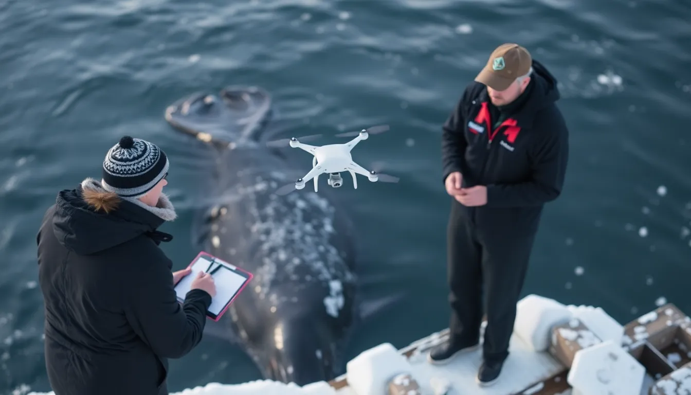 A drone hovers above a group of Arctic whales, capturing data to monitor their health and detect signs of a deadly virus affecting the population.