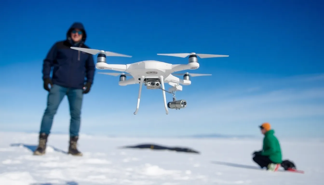 A drone flying over a pod of whales, providing highresolution imagery to identify signs of illness and unusual swimming patterns