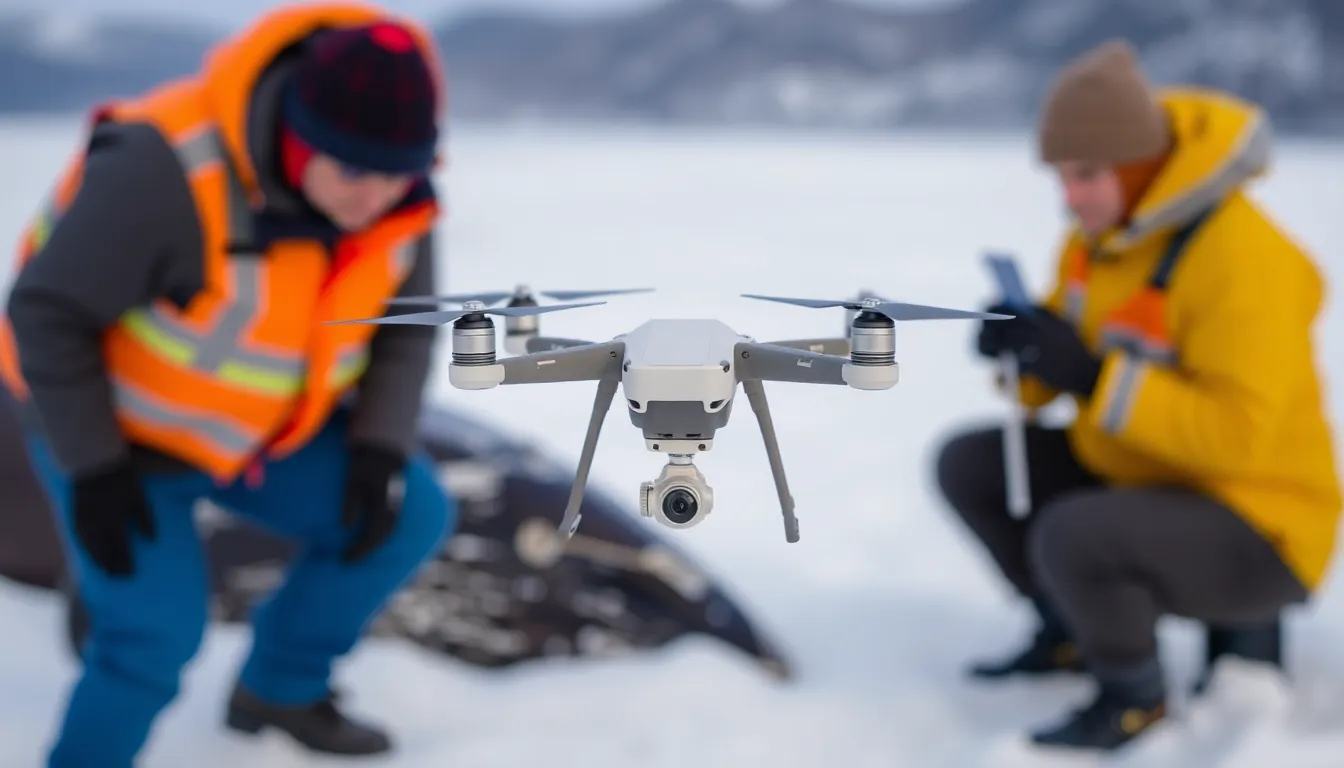 Scientists analyzing data collected by drones to understand the impact of viral infections on whale populations and their ecosystems
