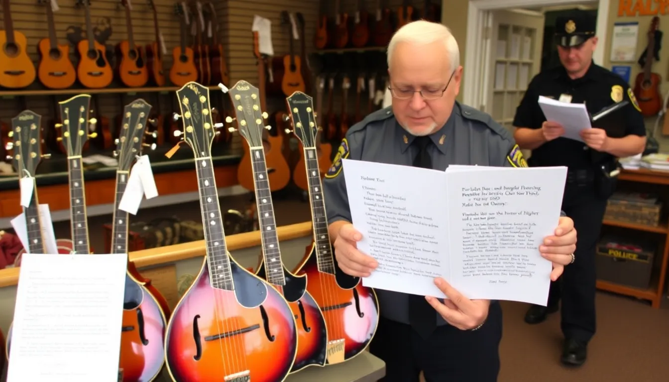 A collection of mandolins is seen returned to a local music store, resting on the doorstep alongside an apology note.