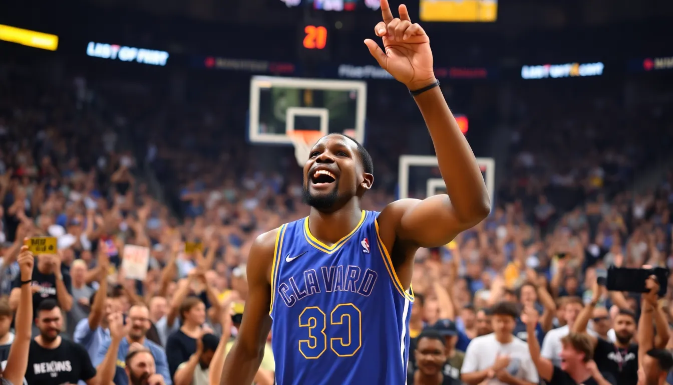 Kevin Durant celebrates on the court after surpassing Wilt Chamberlain in the NBA's alltime scoring rankings during a game against the Los Angeles Lakers.