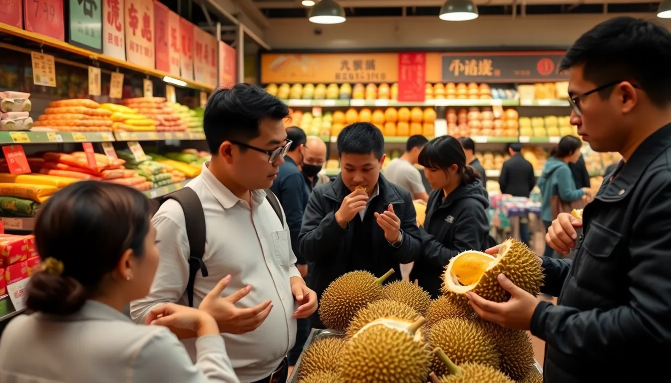 A vendor showcases an array of premium durians at a bustling market in China, highlighting the growing demand for luxury fruits among affluent consumers.