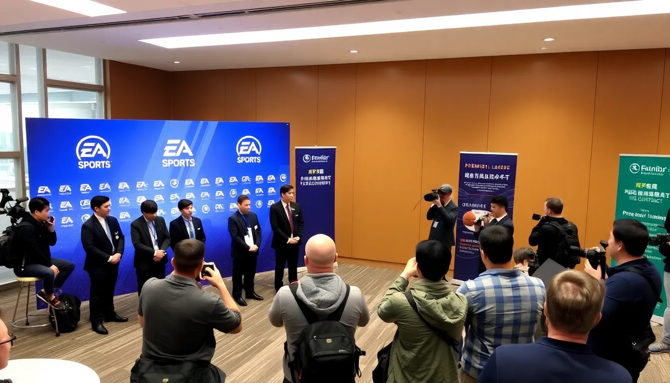 A group of enthusiastic gamers gathers around mobile devices, eagerly participating in a competitive FIFA esports event featuring Premier League teams in a vibrant venue in China.