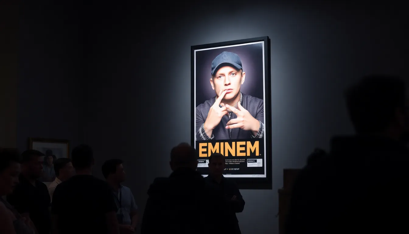 A crowd gathers around a provocative contemporary art installation featuring a striking figure that explores themes of identity and homoeroticism, sparking discussions among viewers in an urban gallery space.