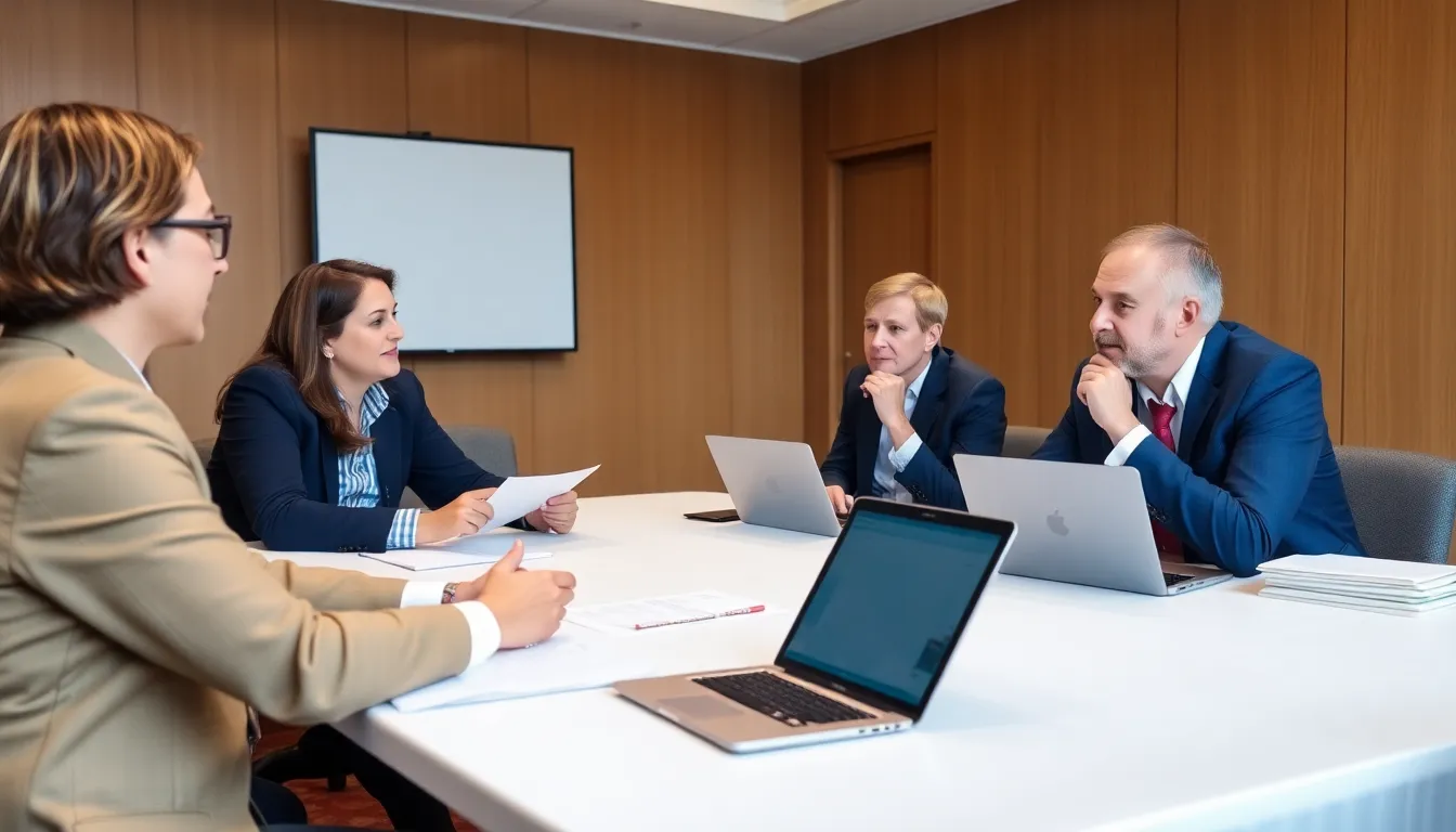 A group of young professionals sits in a modern office space, engaged in a discussion about worklife balance and the pressures of continuous selfimprovement.