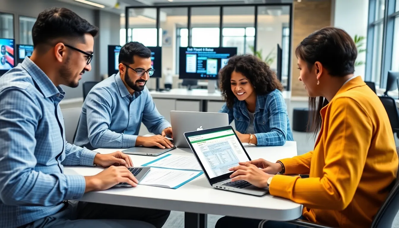 A group of business professionals collaborates around a conference table, analyzing data on laptops while discussing strategies for utilizing Microsoft Excel in their projects.