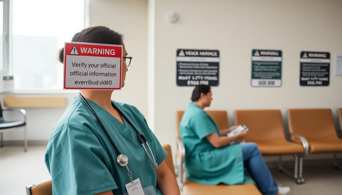 A hospital staff member stands at a podium during a press conference, warning the public about misleading videos featuring fake doctor endorsements that could endanger patient safety.