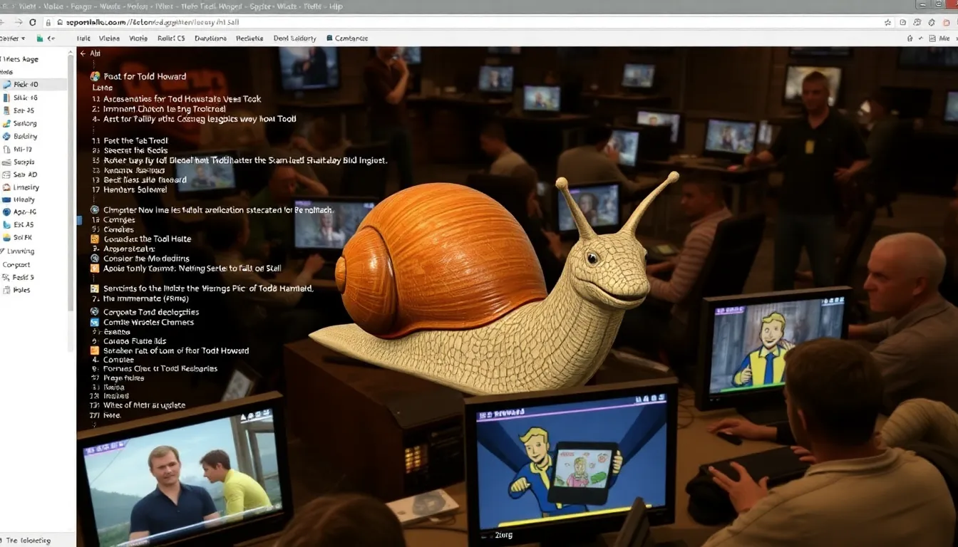 A player navigates a vibrant postapocalyptic landscape in Fallout 4, encountering an unexpected snail character resembling Todd Howard, who humorously challenges their gameplay experience.