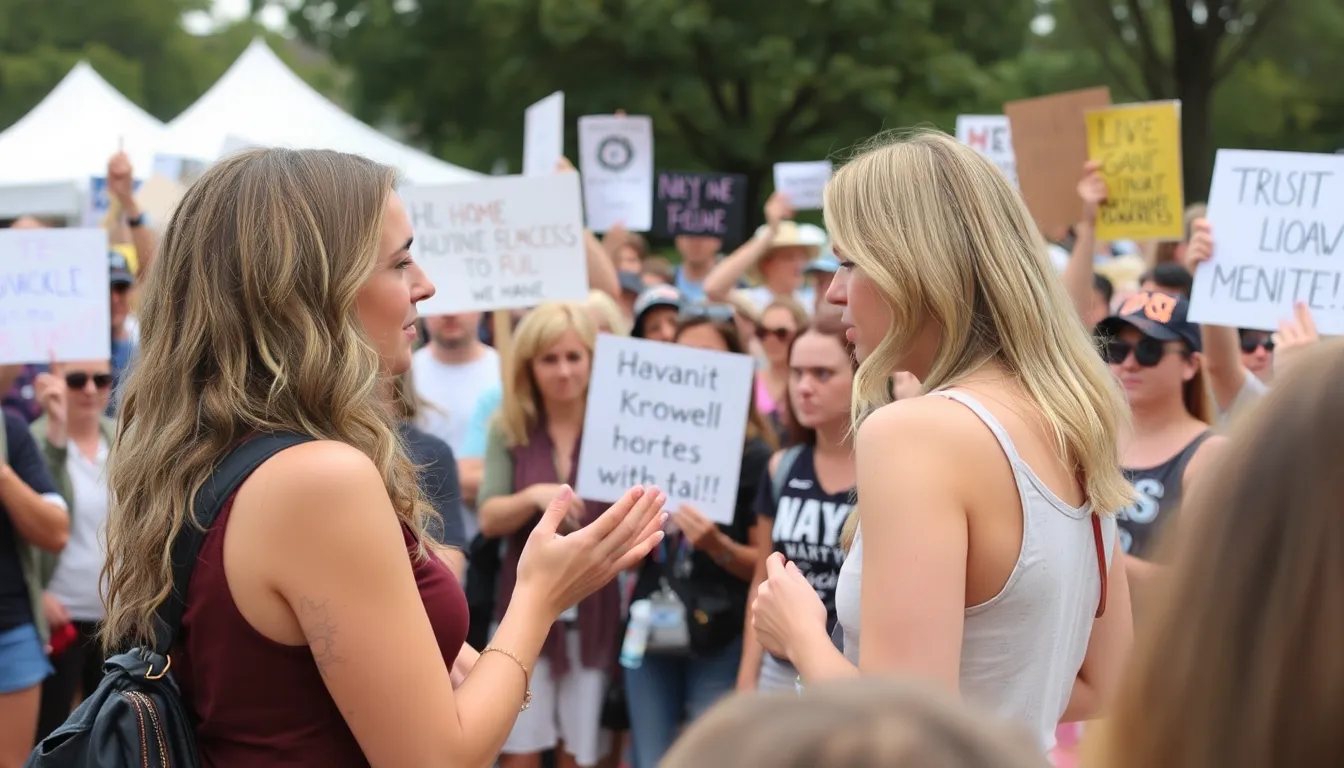 A group of frustrated fans gathers outside the stadium, holding signs and banners expressing their discontent over recent ticket price increases and scheduling changes.